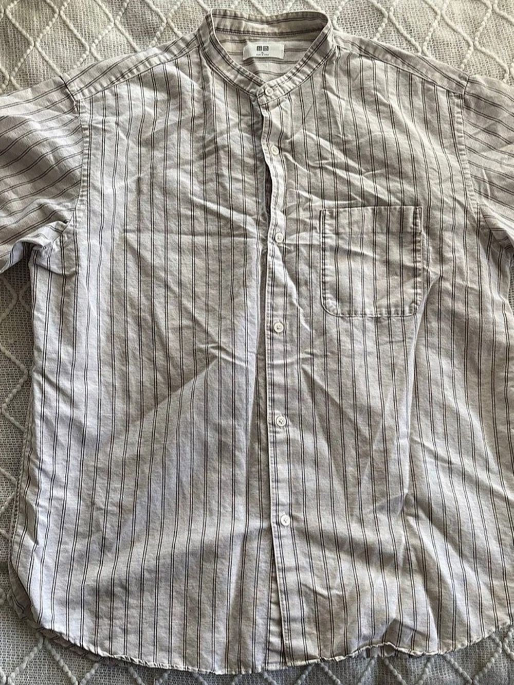 UNIQLO Men’s Cotton Linen Collarless Button Up Striped Short-Sleeve Shirt XL